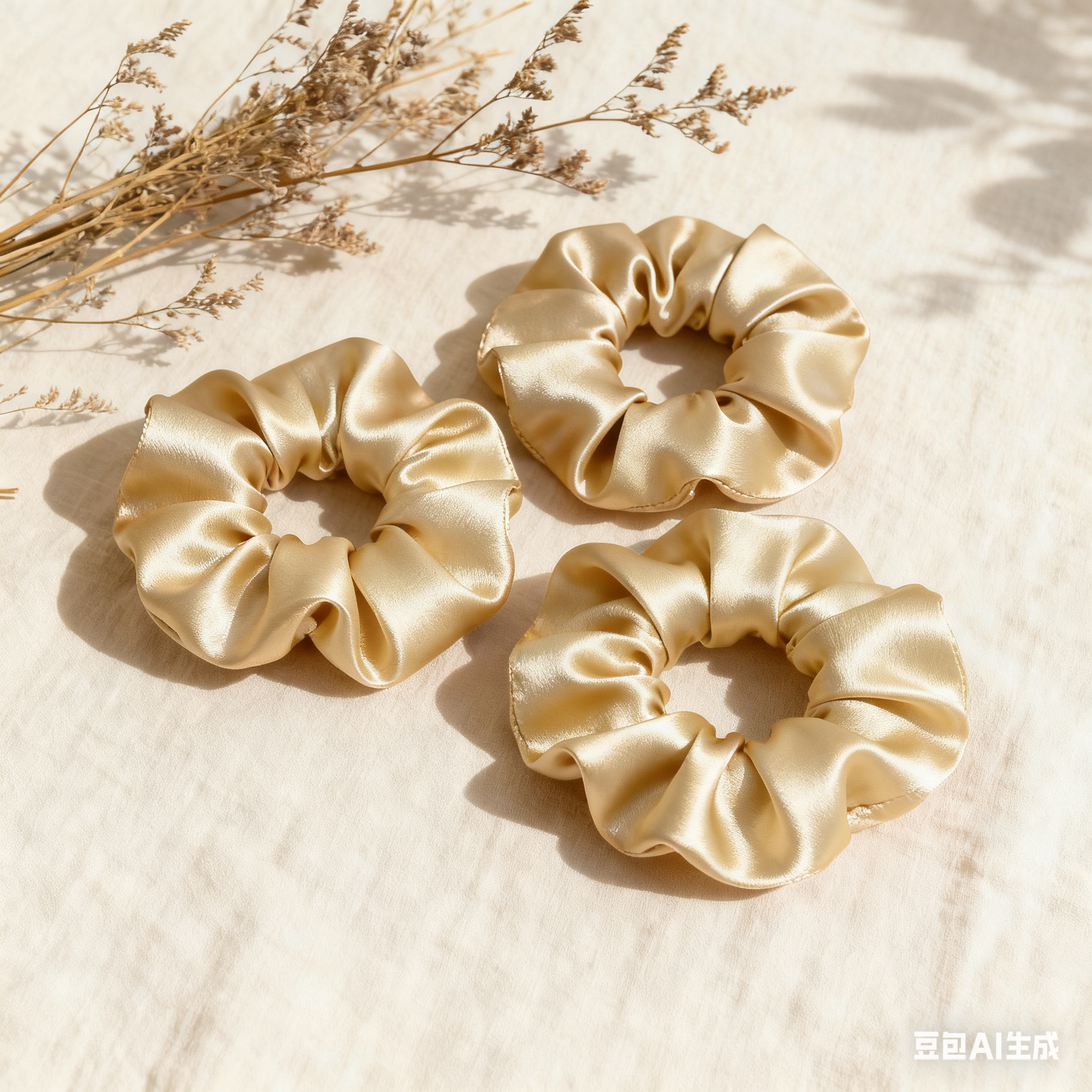 Elegant Gold Pure Silk Large Scrunchie【3 pcs】